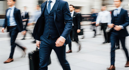 A group of business people in suits are captured in motion, creating a sense of urgency and movement in an urban setting.の写真素材
