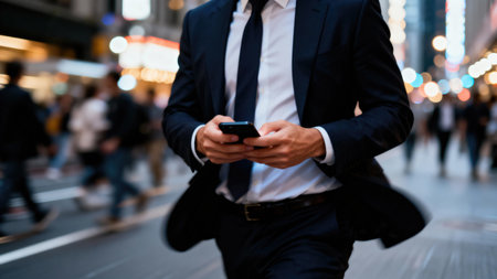 A man in a suit is engrossed in his phone while walking on a busy city street. The blurred background suggests movement and a fast-paced environment.の写真素材