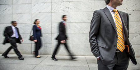 A group of business people are captured in motion, with one person in focus, showcasing a dynamic...