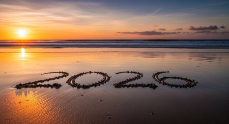 The year 2026 is written in the sand on a beach at sunset, with the sun reflecting on the wet sand and ocean.の写真素材