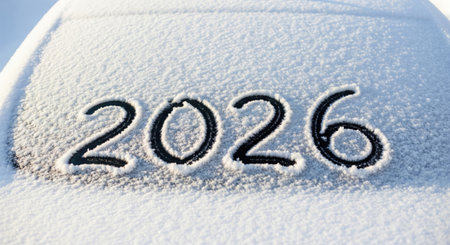 Close up of the year 2026 written in the snow on a car window, celebrating the arrival of the new...