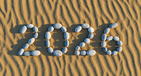 The year 2026 is creatively displayed using stones arranged on a sandy surface, perfect for celebrating.の写真素材