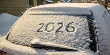 A close up view of a car's rear window covered in snow, with the year 2026 written in the snow, celebrating the upcoming New Year.の写真素材