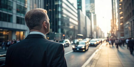 A man in a suit stands on a sidewalk, gazing at the city's skyline. Cars and people fill the street, creating a vibrant urban scene.の写真素材