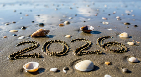 The year 2026 is inscribed on the sand, surrounded by seashells, capturing a serene beach scene with a focus on the upcoming year.の写真素材