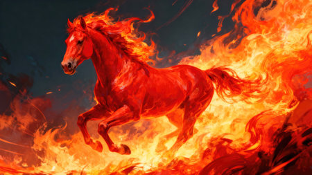 The year 2026 is the Year of the Fire Horse according to the Eastern calendar. Majestic horse engulfed in flames, embodying strength and the spirit of the Fire Horseの写真素材