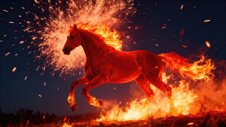 The year 2026 is the Year of the Fire Horse according to the Eastern calendar. A majestic horse, engulfed in flames, leaps forward, creating a dramatic and powerful visualの写真素材