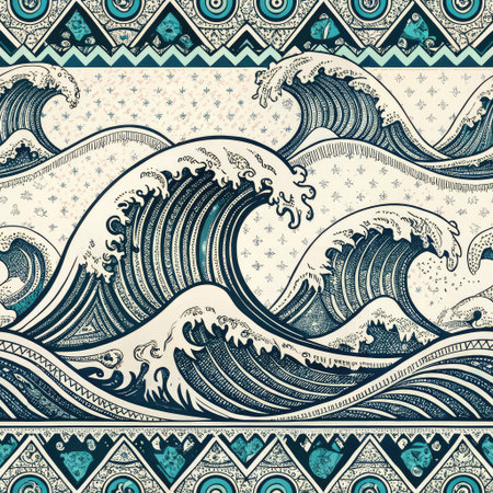 This seamless pattern features stylized ocean waves, ideal for backgrounds and surface designsの写真素材