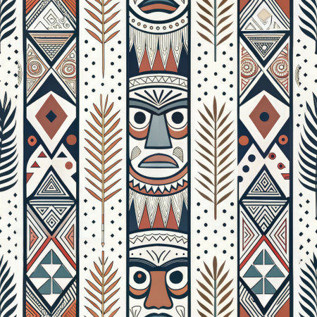 An eye-catching seamless pattern features tribal masks and geometric shapes, perfect for various design applicationsの写真素材