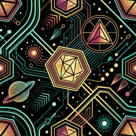 This seamless pattern features a complex design with interconnected lines, geometric shapes, and...