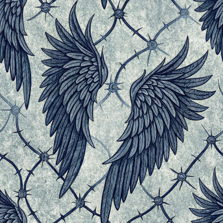 This detailed illustration features a seamless design of angel wings and barbed wire, creating a unique and artistic compositionの写真素材