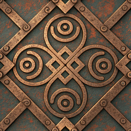 This detailed metalwork features a symmetrical design with rivets and a weathered appearance, perfect for various design projectsの写真素材