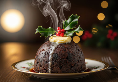 A delicious close up of a traditional Christmas pudding, perfect for festive celebrationsの写真素材