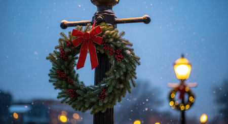 A festive wreath with a red bow adorns a lamp post, creating a cozy holiday atmosphere during a snowfallの写真素材
