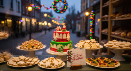 A charming bakery window showcases a delicious array of treats, perfect for the holiday seasonの写真素材