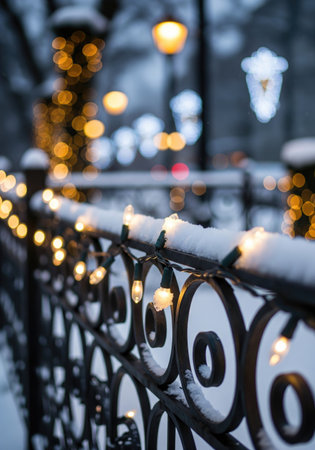 Festive string lights adorn a wrought iron fence, creating a magical holiday atmosphere during a snowfallの写真素材