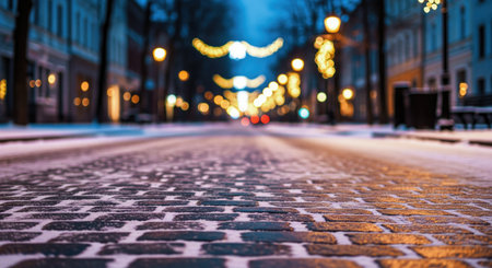 A beautiful winter scene shows a cobblestone road leading into the distance with Christmas lights overheadの写真素材