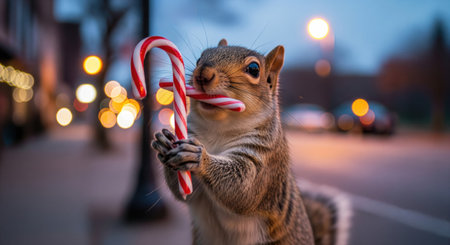 A cute squirrel holds a candy cane in its mouth, celebrating the holidays with a sweet treatの写真素材