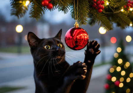 A curious black cat is captured in a moment of playful interaction with a festive Christmas decorationの写真素材