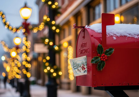 A red mailbox is decorated for the holidays with a sprig of holly and a Christmas card, in a snowy...