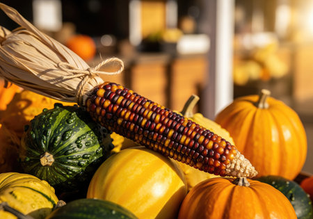 A close up of a beautiful autumn harvest arrangement perfect for Thanksgiving celebrations and fall festivalsの写真素材