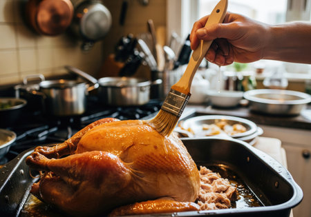 A close up view shows a hand basting a golden brown turkey with a brush in a kitchen settingの写真素材