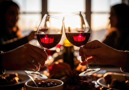 Two glasses of wine are clinked together during a festive Thanksgiving celebration with loved ones