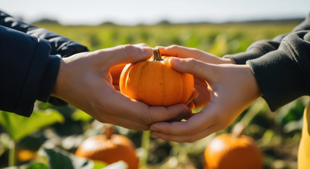 Two sets of hands carefully cradle a miniature pumpkin, symbolizing the joy of fall and Thanksgivingの写真素材
