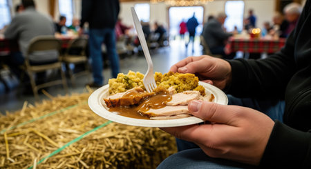 A person holds a plate of Thanksgiving food, ready to enjoy a festive meal with family and friendsの写真素材