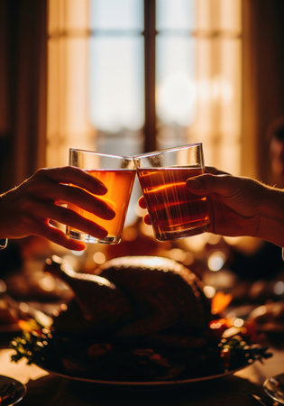 Two glasses clink together in a celebratory toast, with a roasted turkey in the backgroundの写真素材