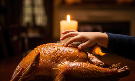 A child's hand gently touches a roasted turkey, creating a heartwarming moment of connectionの写真素材