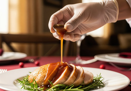 A chef pours gravy over a beautifully plated Thanksgiving turkey, ready for a festive mealの写真素材