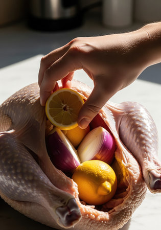 A close up view shows a hand placing a lemon slice into a raw turkey, ready for roastingの写真素材