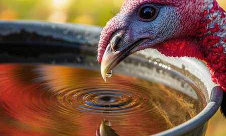 A close up shows a wild turkey drinking water, with a water droplet falling from its beak into the waterの写真素材