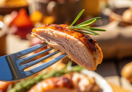 A delicious piece of turkey is held up on a fork, garnished with rosemary, ready to be enjoyedの写真素材