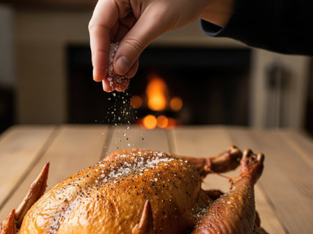 A hand sprinkles salt over a golden roasted turkey, ready for the Thanksgiving feastの写真素材