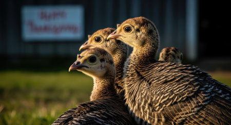 These adorable baby turkeys are gathered together on a sunny day, ready for the Thanksgiving holidayの写真素材