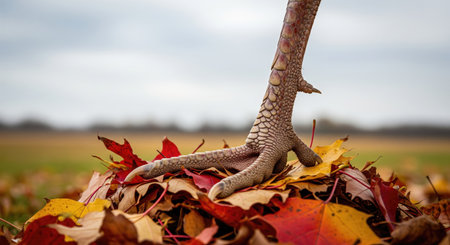 A turkey's foot rests on a bed of vibrant fall foliageの写真素材