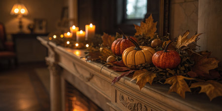 A cozy Thanksgiving scene features pumpkins, candles, and fall foliage on a fireplace mantelの写真素材