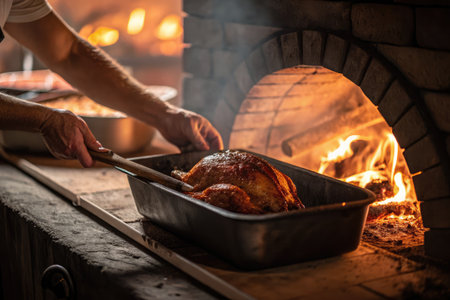 A delicious Thanksgiving turkey is being cooked in a brick oven, ready for the holiday feastの写真素材