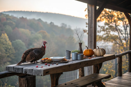 A wild turkey stands near a table set for a Thanksgiving feast with pumpkins and a beautiful autumn landscape in the backgroundの写真素材