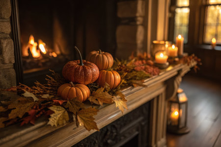 A cozy Thanksgiving scene features pumpkins, candles, and autumn leaves on a fireplace mantel, creating a warm atmosphereの写真素材
