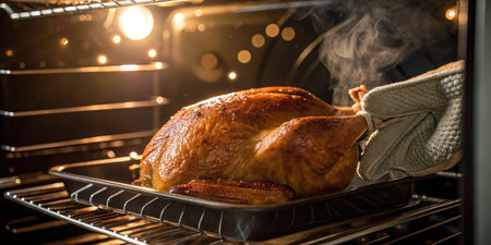 A close up view shows a golden brown turkey being removed from the oven with oven mittsの写真素材