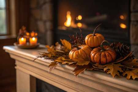 A cozy Thanksgiving scene features pumpkins, fall foliage, and lit candles on a mantel, creating a warm atmosphereの写真素材