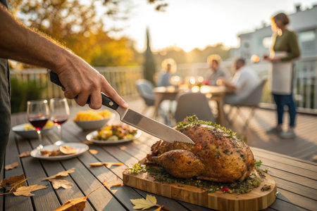 A close up view shows a hand carving a turkey, with a family gathering in the backgroundの写真素材