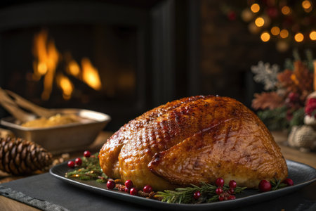 A beautifully cooked turkey sits on a platter, ready to be served for a holiday feastの写真素材