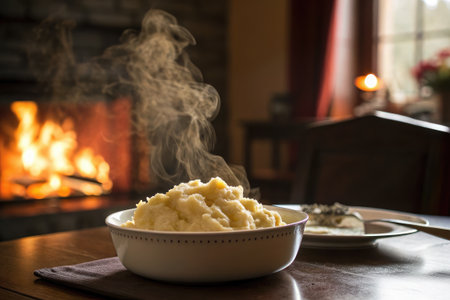 A warm bowl of mashed potatoes sits on a table in front of a fireplace, perfect for a holiday mealの写真素材