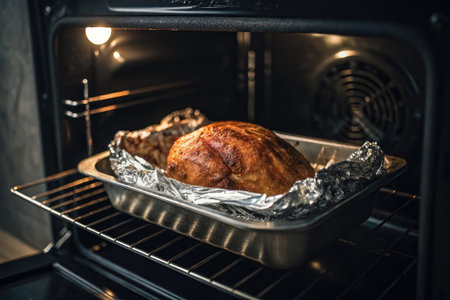 A golden brown turkey sits in a roasting pan, ready to be served for a delicious Thanksgiving mealの写真素材