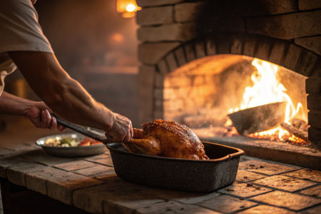 A person prepares a roasted turkey for a holiday feast, with a warm fire in the backgroundの写真素材