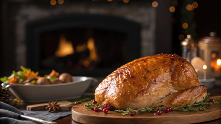 A delicious roasted turkey is the centerpiece of a festive Thanksgiving feast, ready to be enjoyed with family and friendsの写真素材